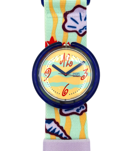 Colorful watch with a floral strap on a white background
