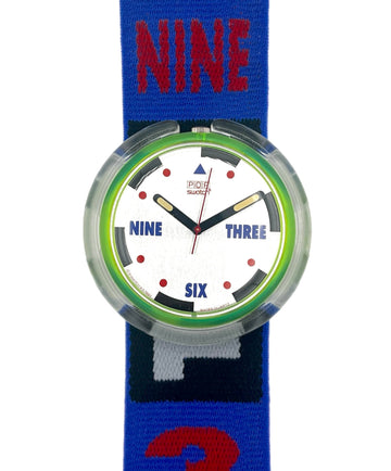 Watch with a blue strap featuring the number '3' on a white background