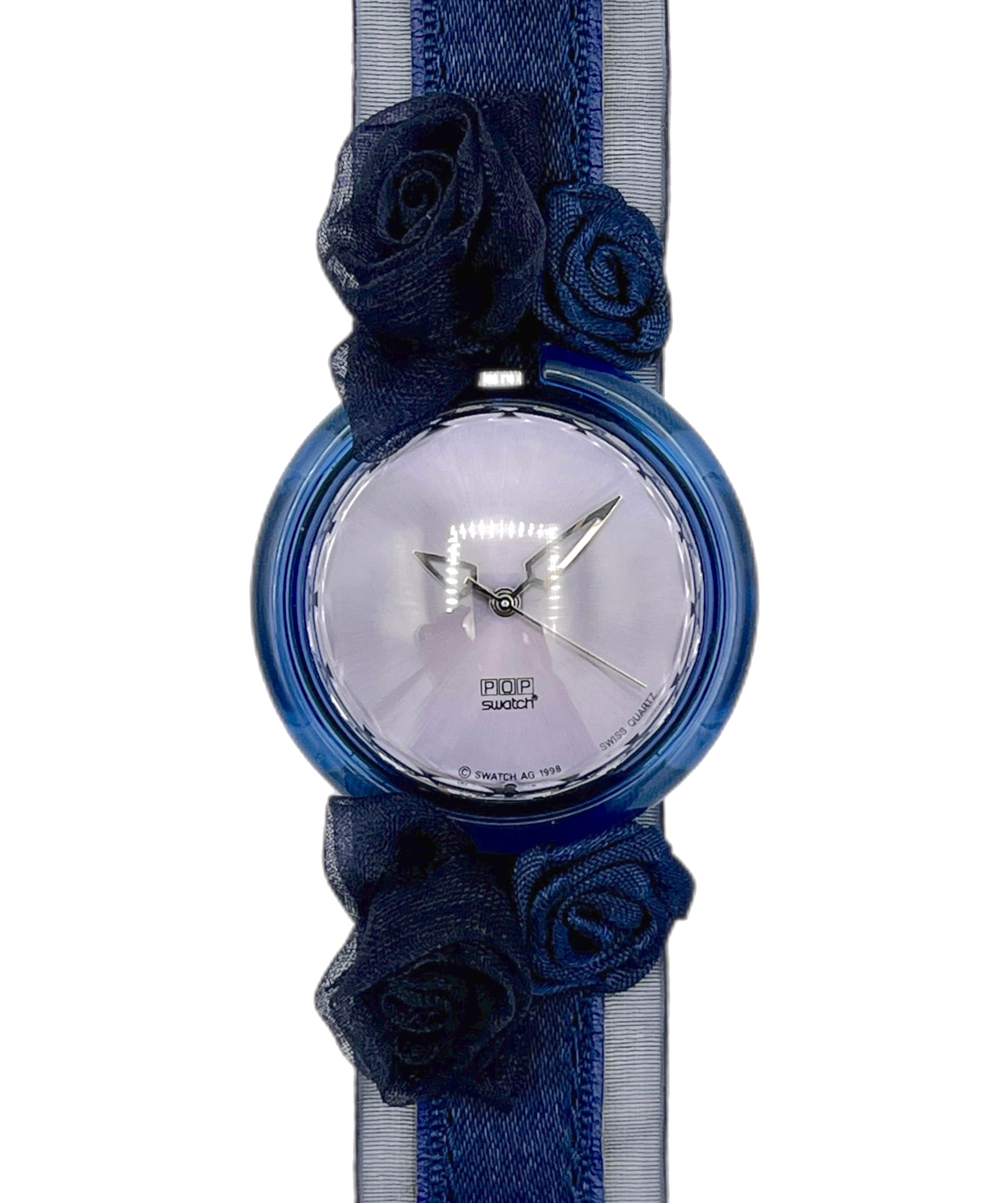 Wristwatch with blue floral straps on a white background