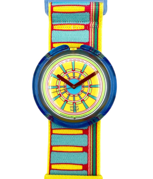 Colorful watch with a striped strap on a white background