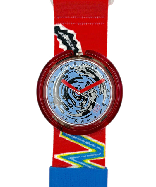 Watch with a colorful strap featuring a tiger design on a white background