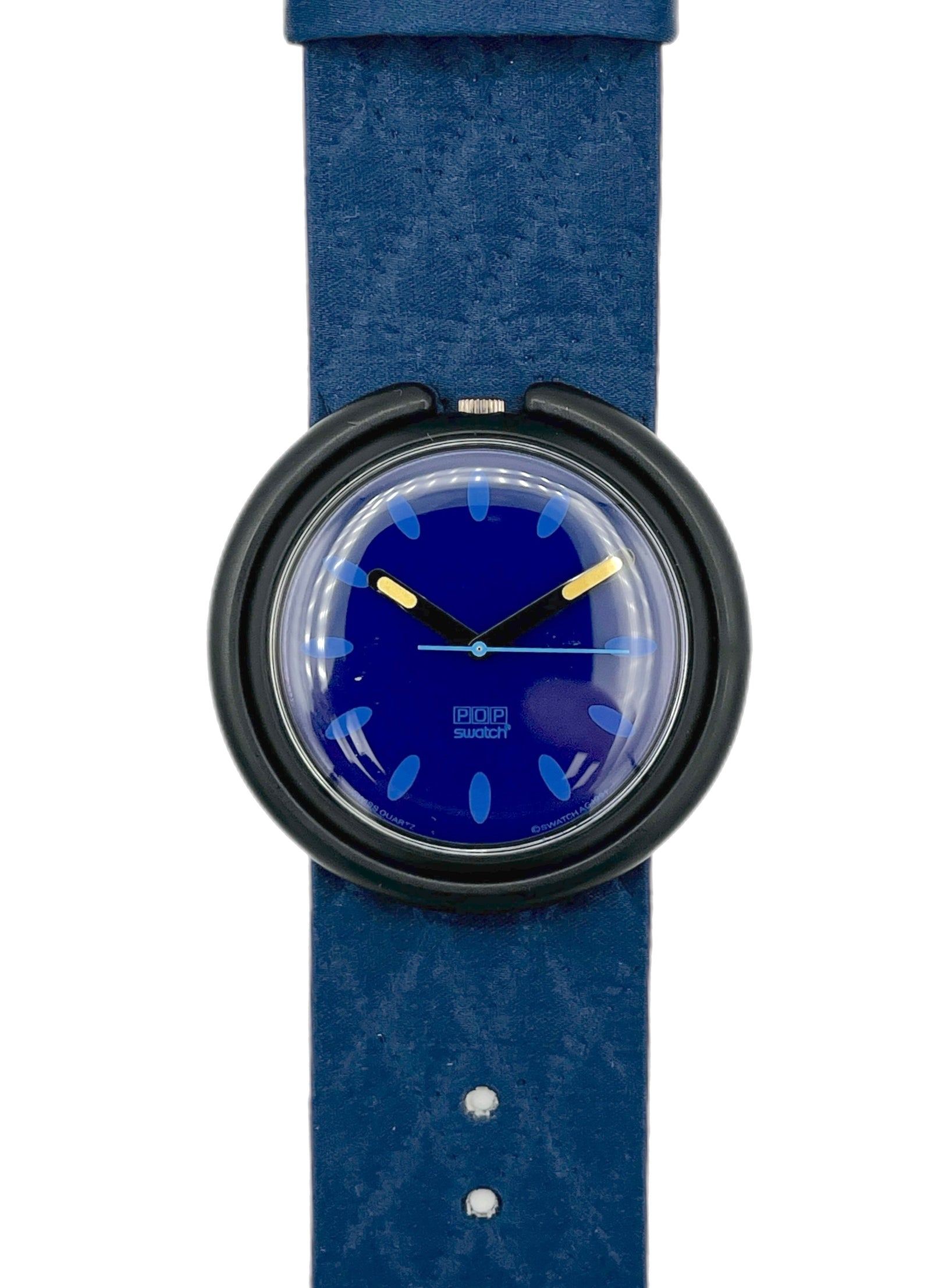 Blue watch with a black strap on a white background