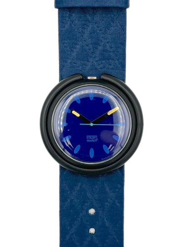 Blue watch with a black strap on a white background