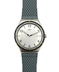 Swatch watch with gray strap and silver case on a white background