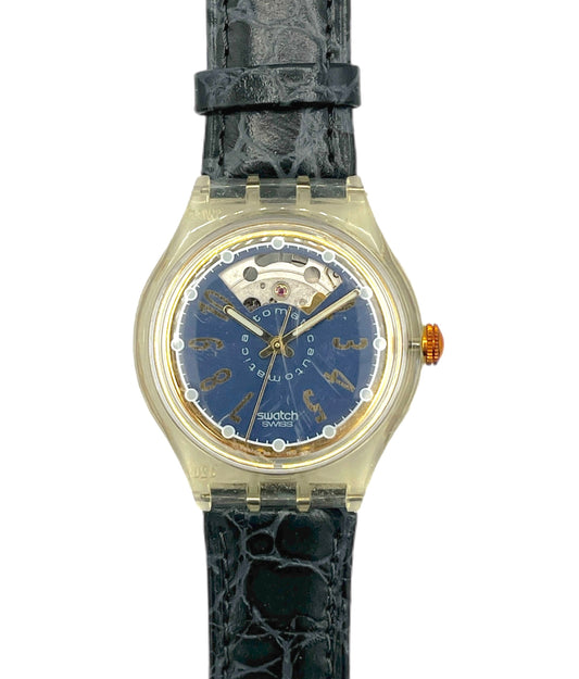 Swatch watch with blue face and black strap on a white background