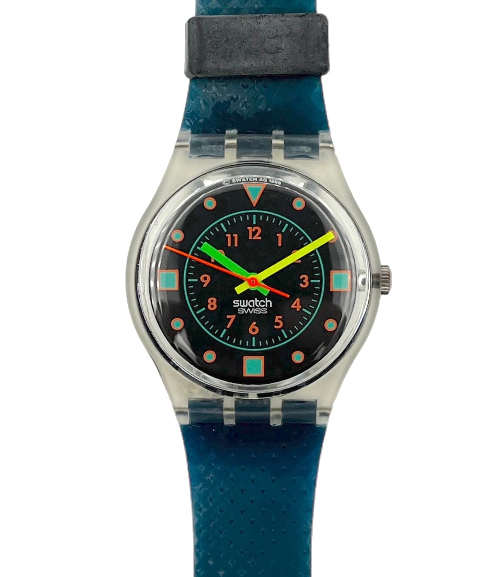 Swatch watch with a blue strap and colorful face on a white background