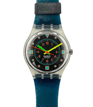 Swatch watch with a blue strap and colorful face on a white background