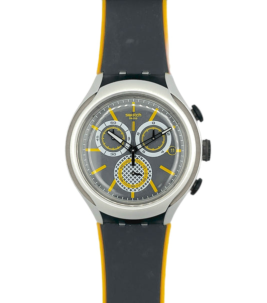 Wristwatch with black strap and gray dial on a white background