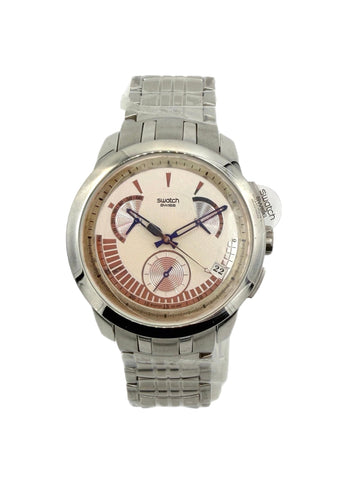 A Swatch stainless steel watch with a silver-tone metal link bracelet, a round silver case, and a cream-colored dial featuring brown sub-dials and silver hands.