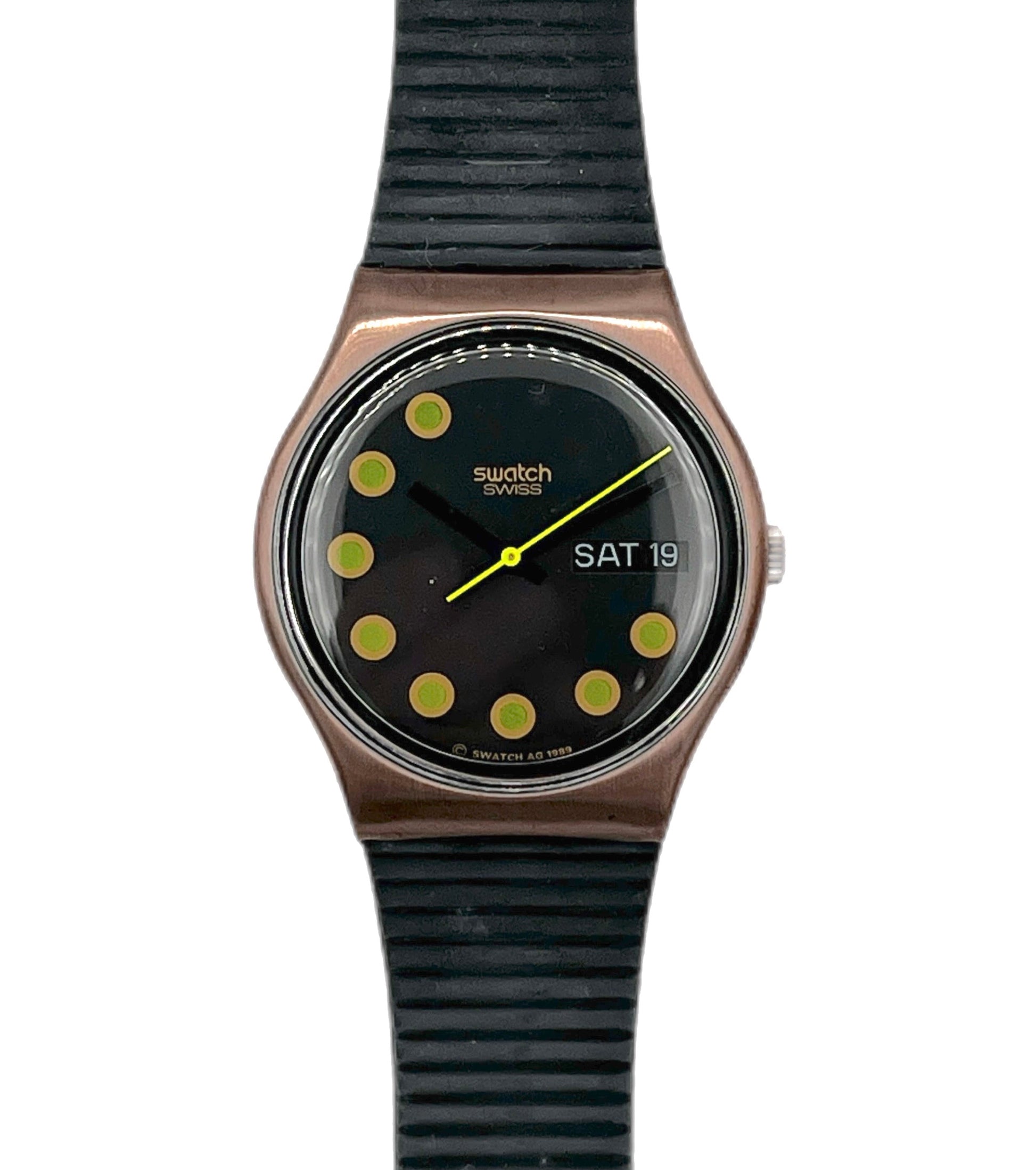 Swatch watch with black strap and black dial on a white background