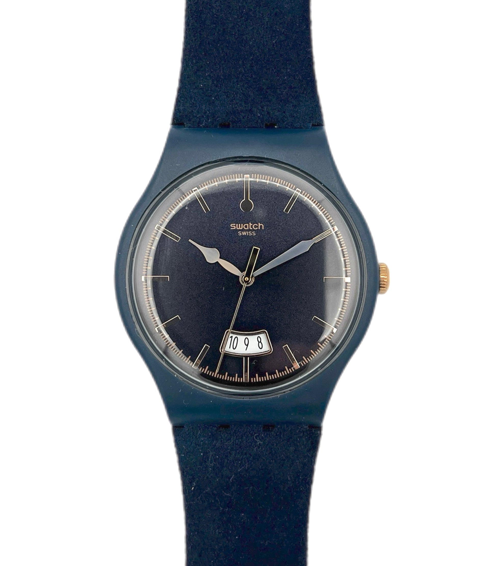Blue Swatch watch with a white background