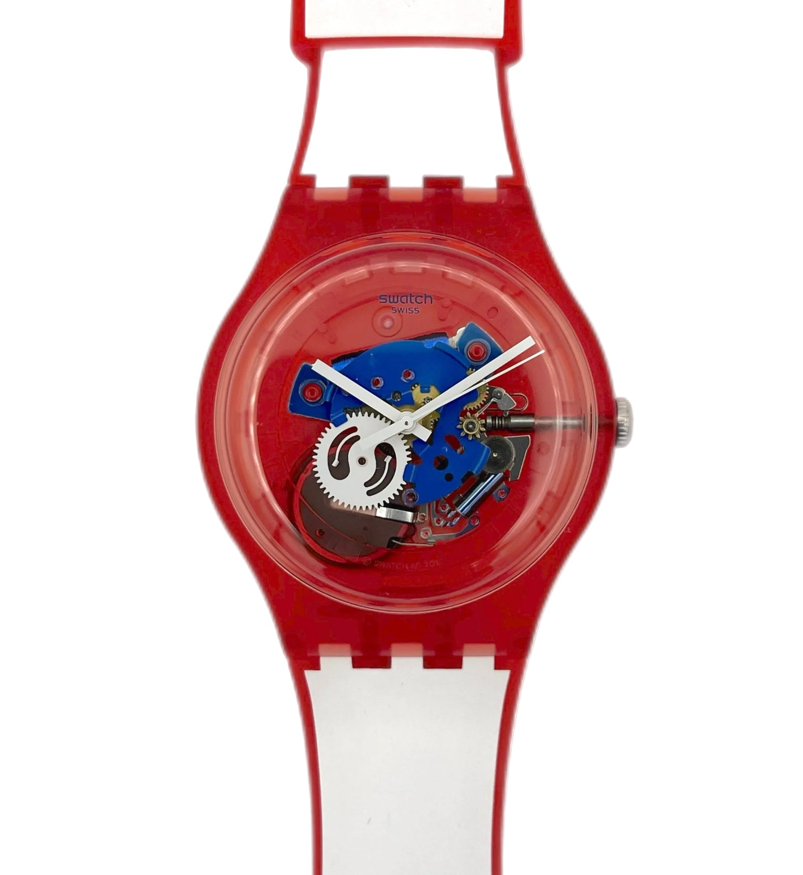 Red and white watch with a transparent face on a white background