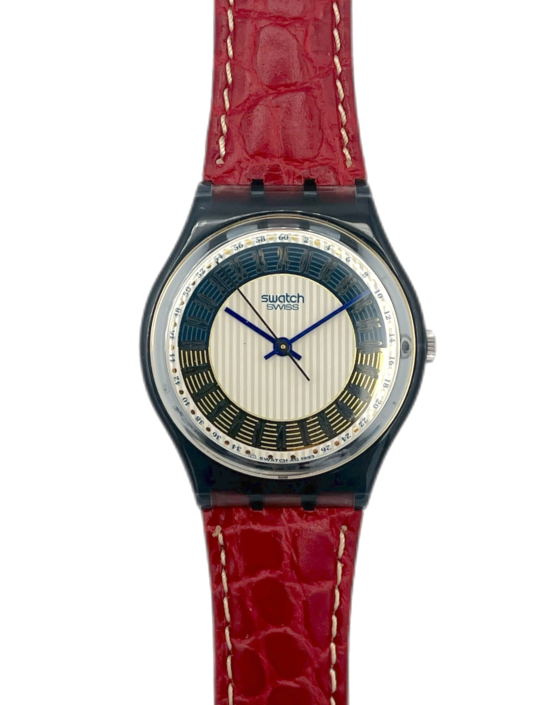 Swatch watch with a red strap on a white background