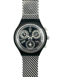 Swatch watch with black and white checkered strap on a white background