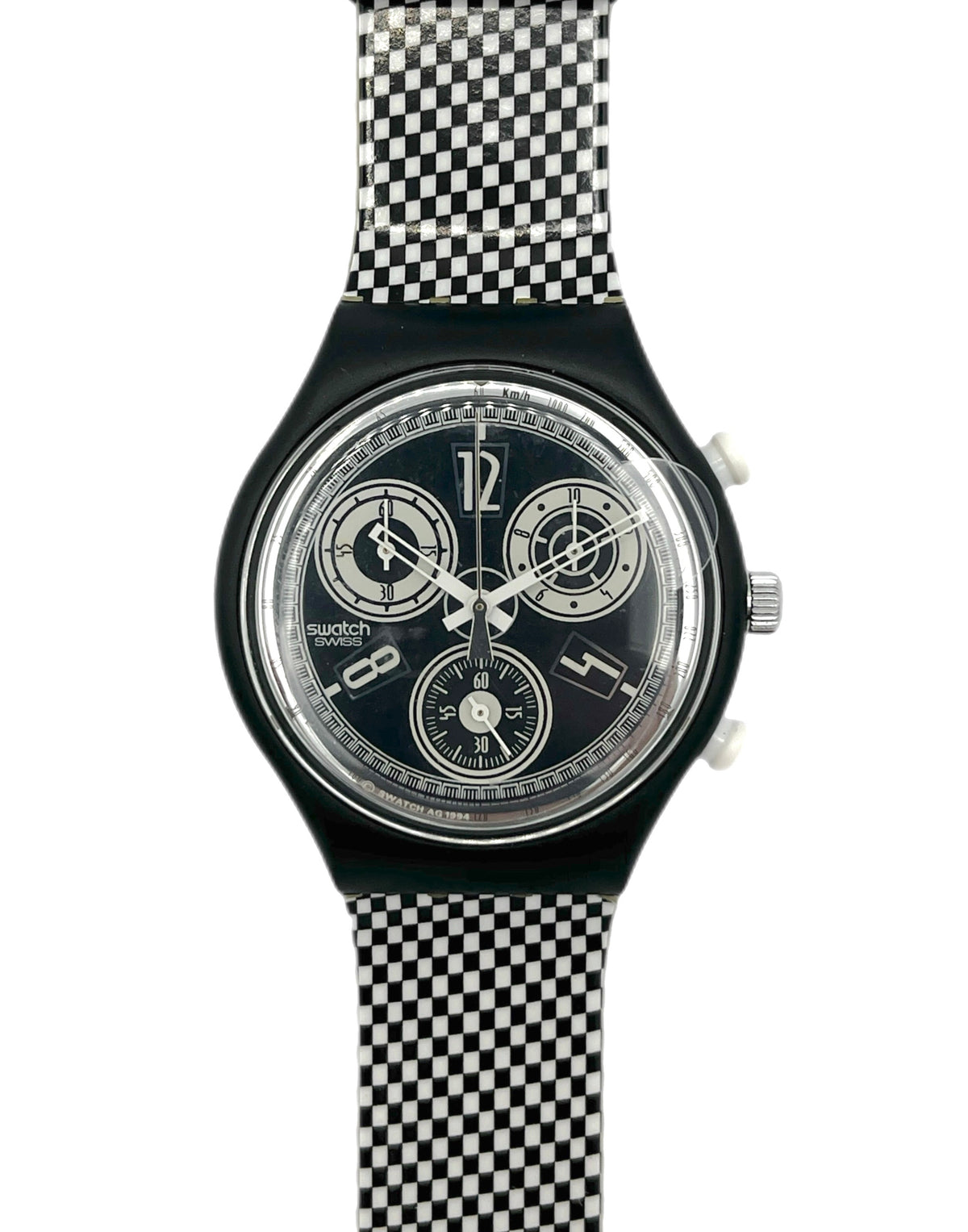 Swatch watch with black and white checkered strap on a white background