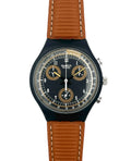 Swatch watch with brown strap and black dial on a white background