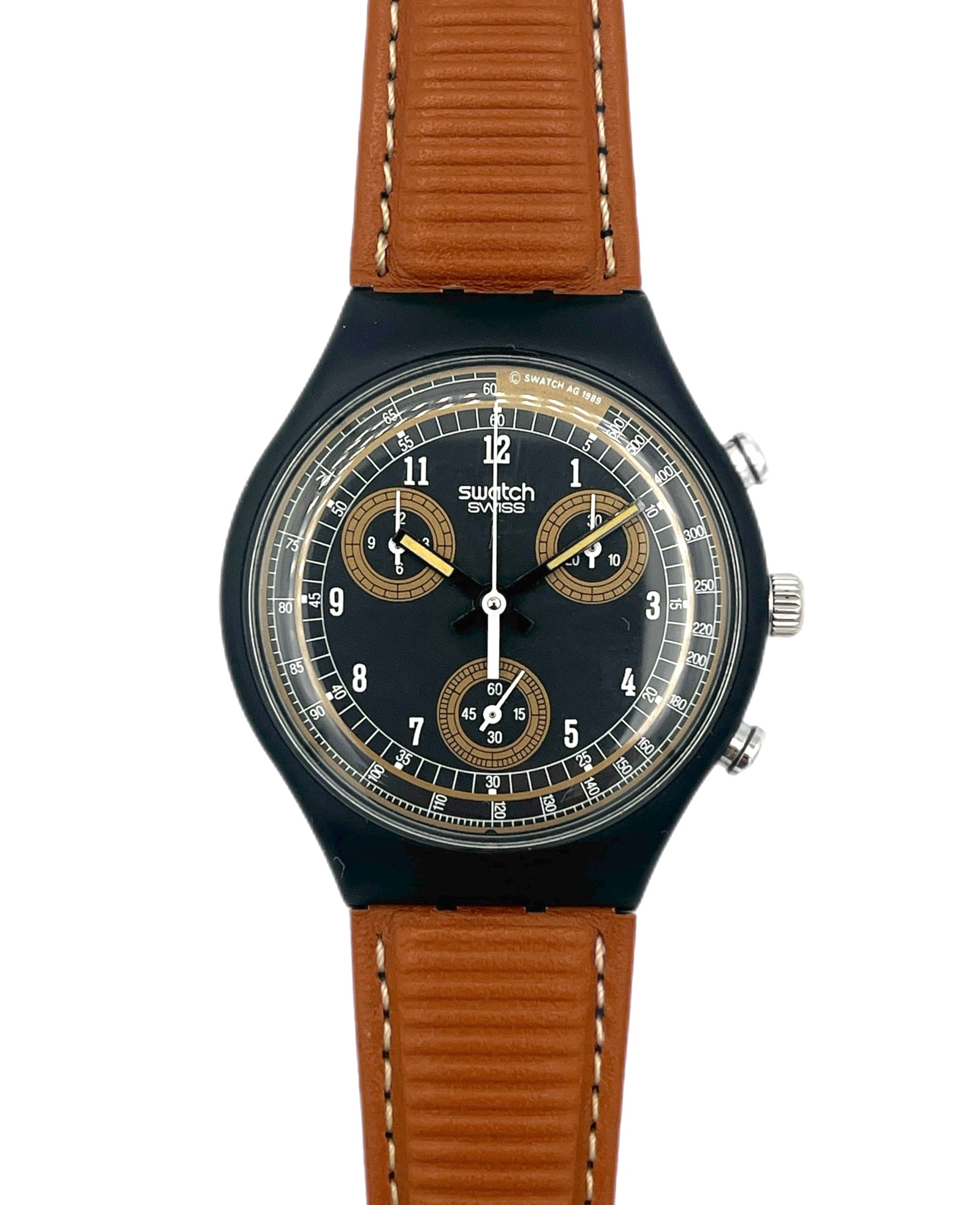 Swatch watch with brown strap and black dial on a white background