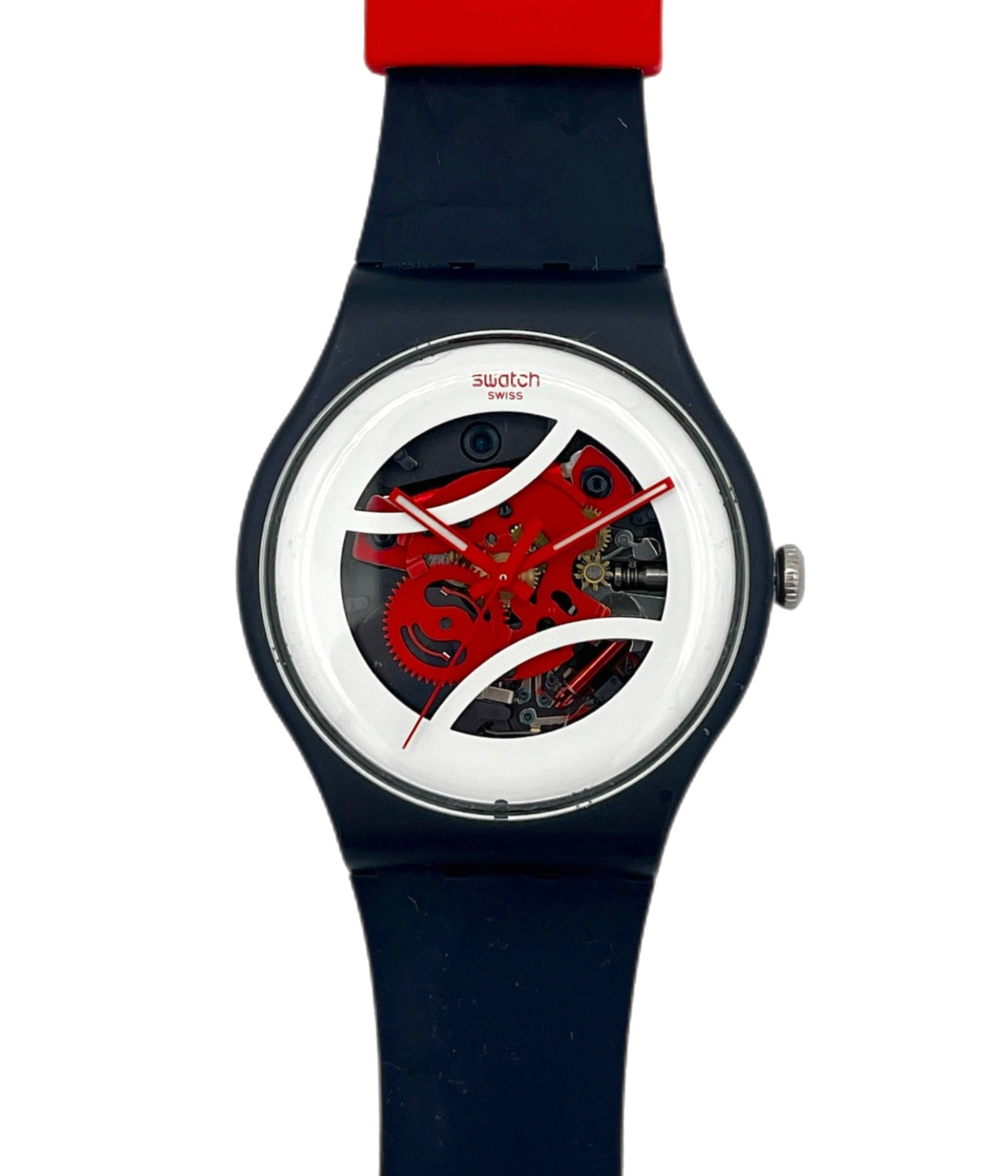Watch with a red and black face on a white background
