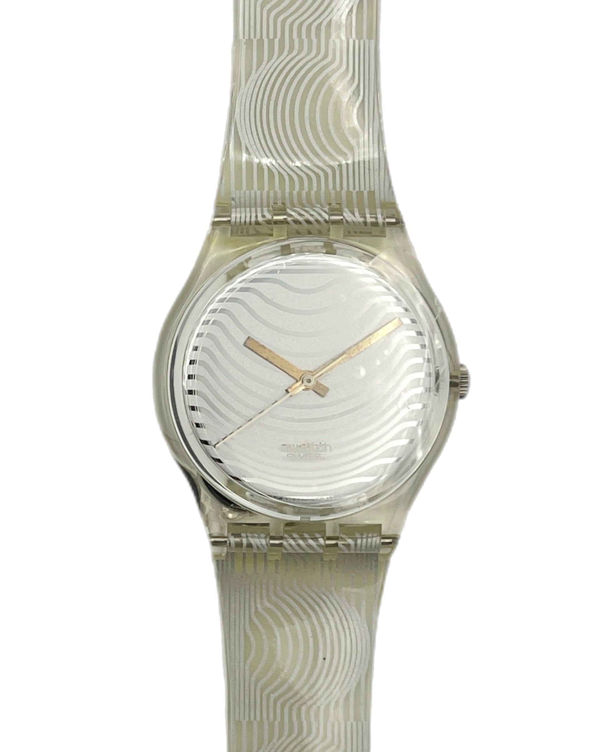 Silver watch with a textured strap on a white background