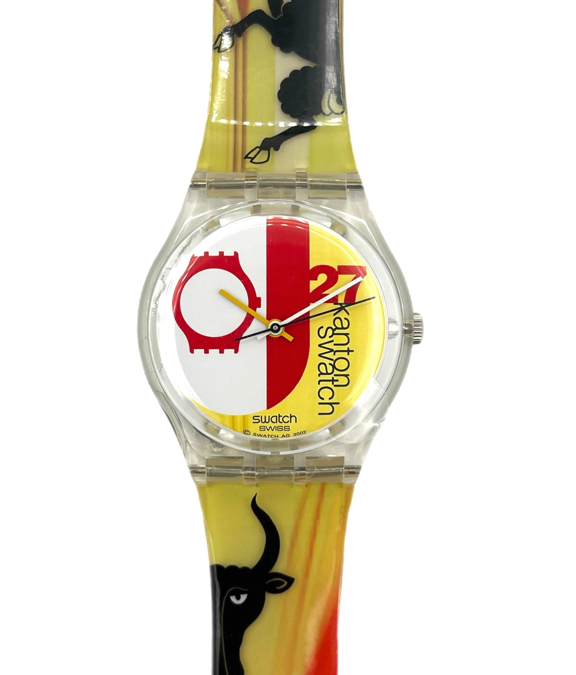 Swatch watch with colorful design and visible brand logo on a white background