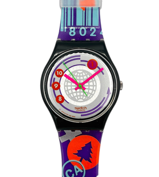Colorful Swatch watch with a unique design on a white background