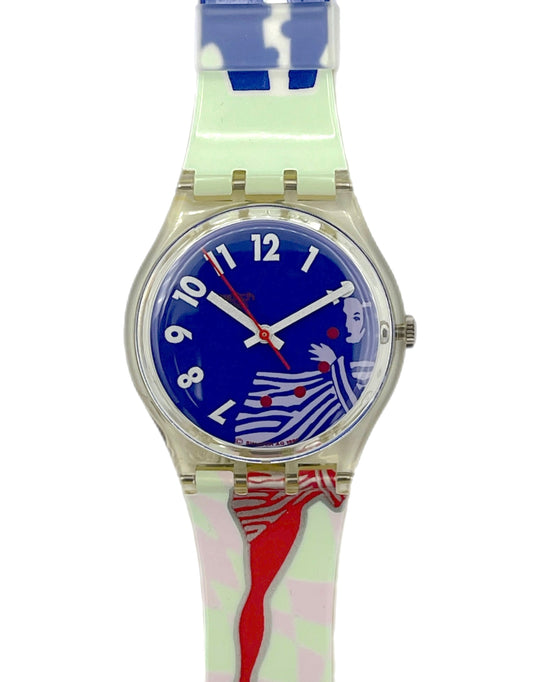 Watch with a colorful strap featuring a design of a person in a dress on a white background