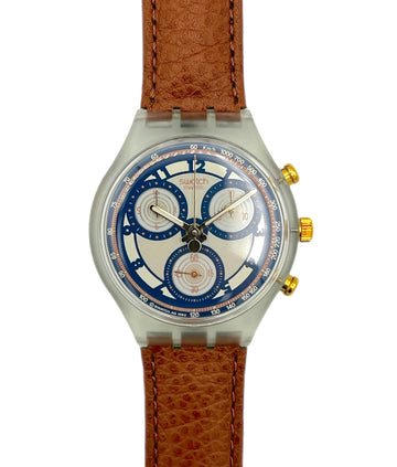 Watch with brown leather strap and blue face on a white background