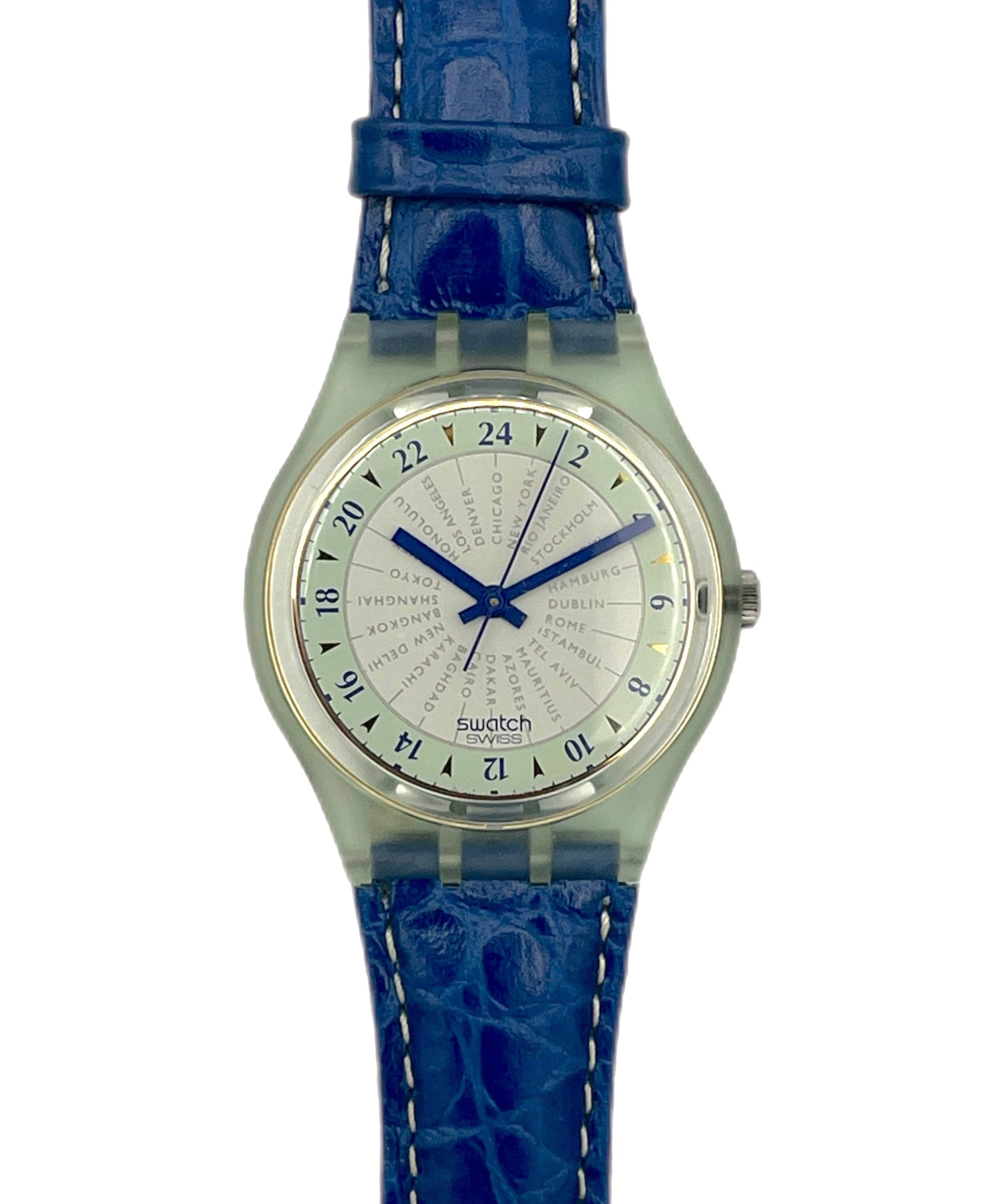 Swatch watch with blue strap and white face on a white background