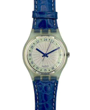 Swatch watch with blue strap and white face on a white background