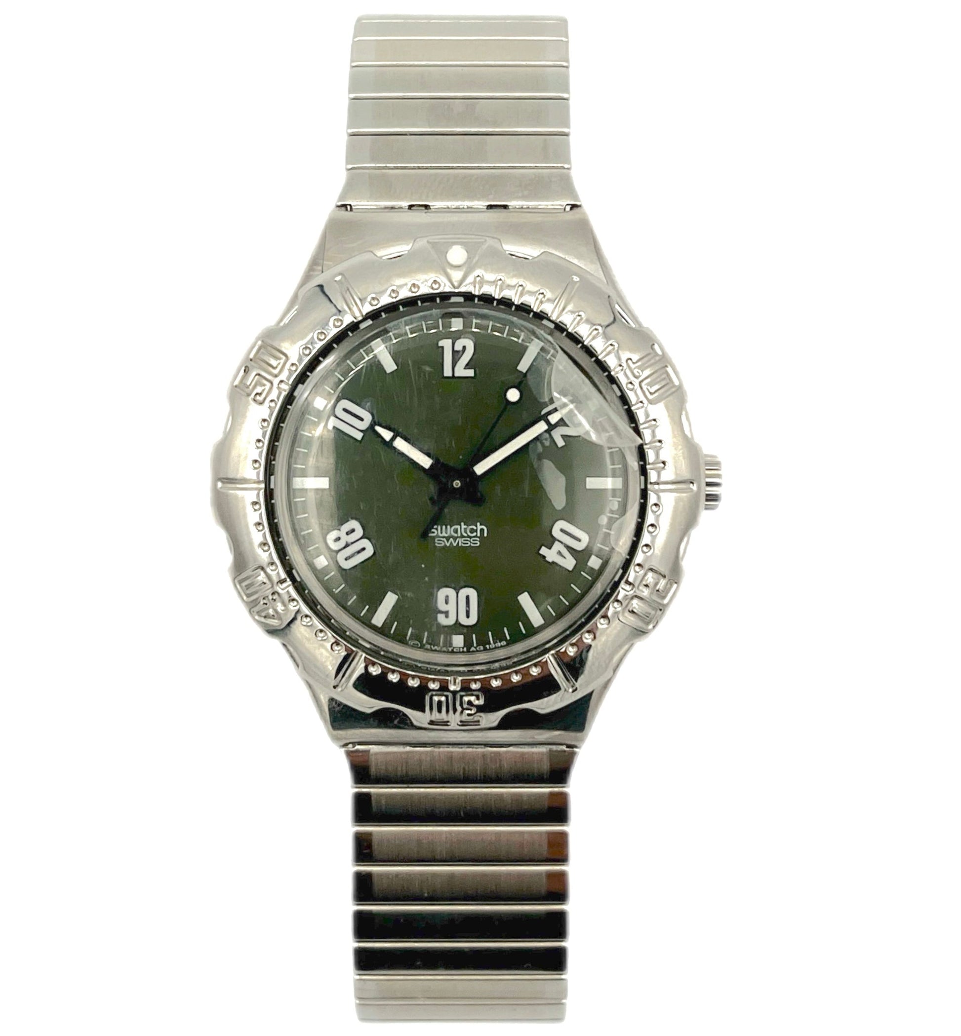 Silver watch with a green face on a white background