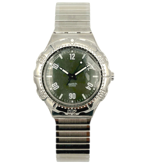 Silver watch with a green face on a white background