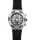 Wristwatch with black strap and detailed face on a white background
