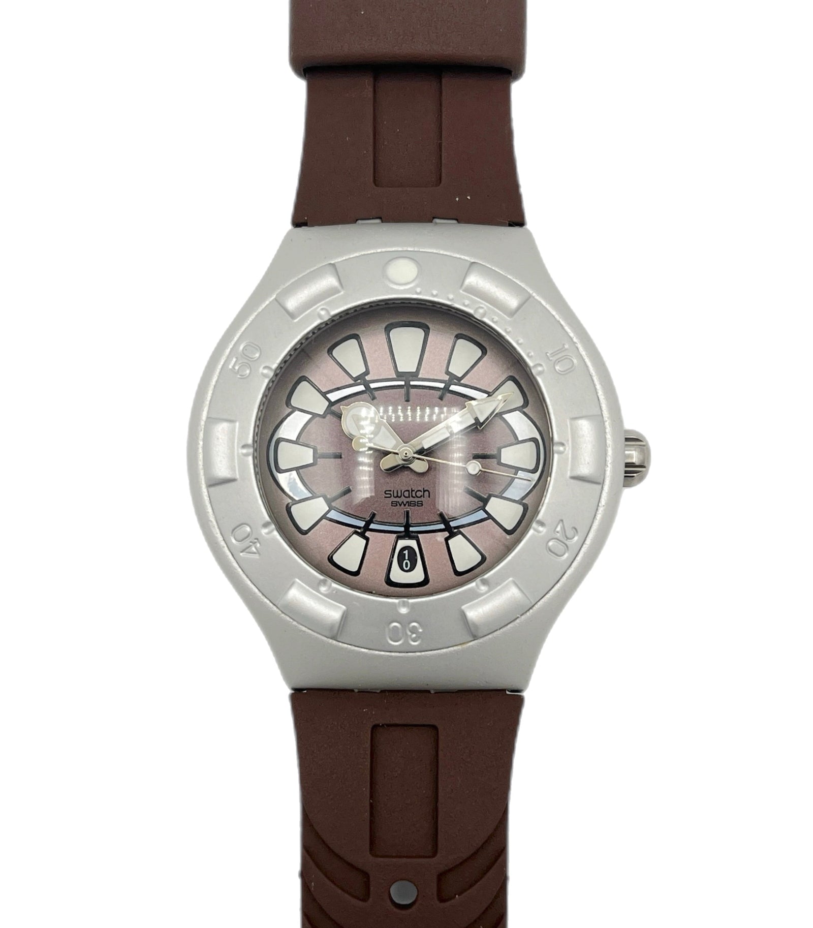 Watch with brown strap and silver case on white background