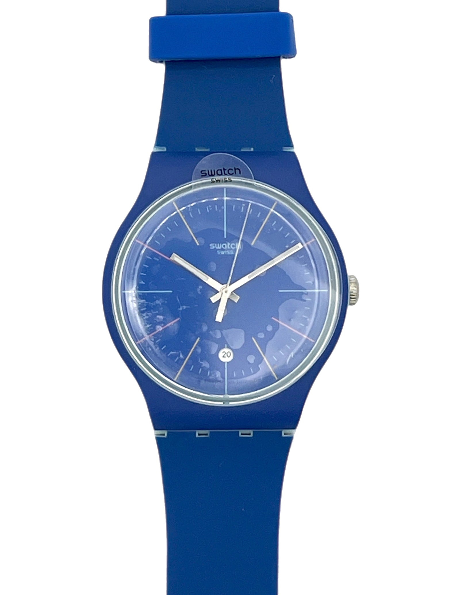 Swatch analog watch with a blue silicone strap, blue dial, and silver-tone case details, shown against a plain white background.