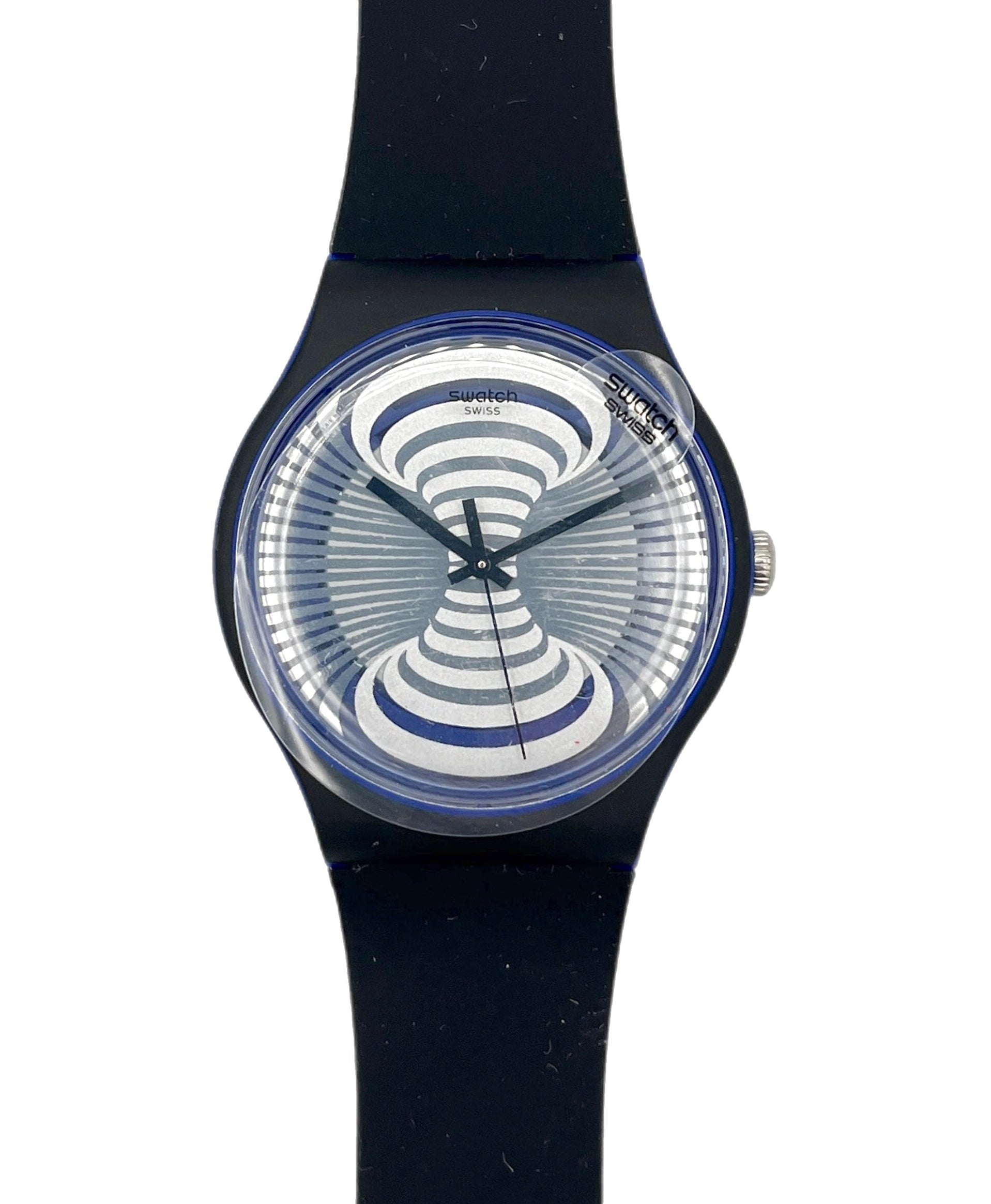 Black wristwatch with a unique circular design on the dial against a white background