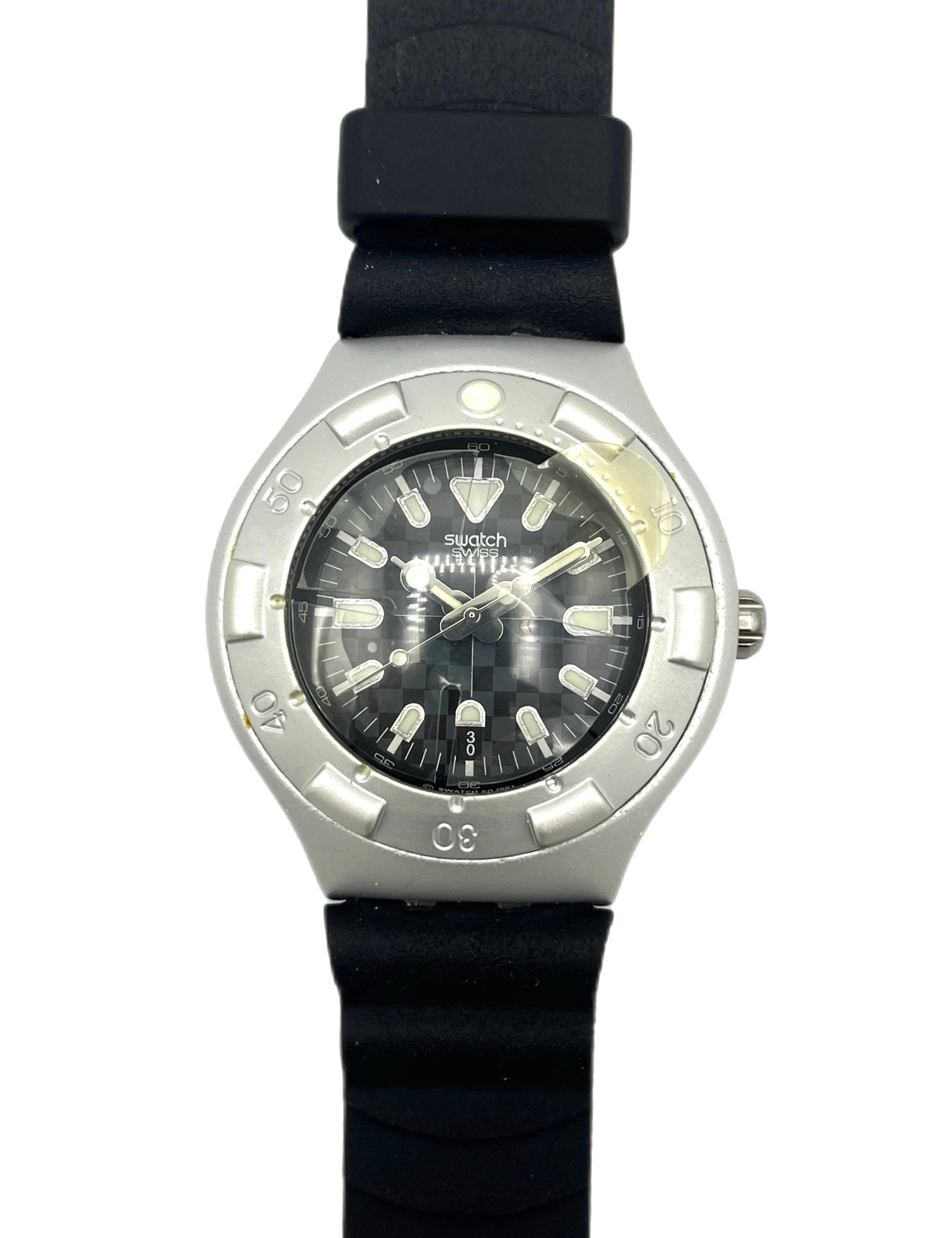Wristwatch with black strap and silver case on a white background