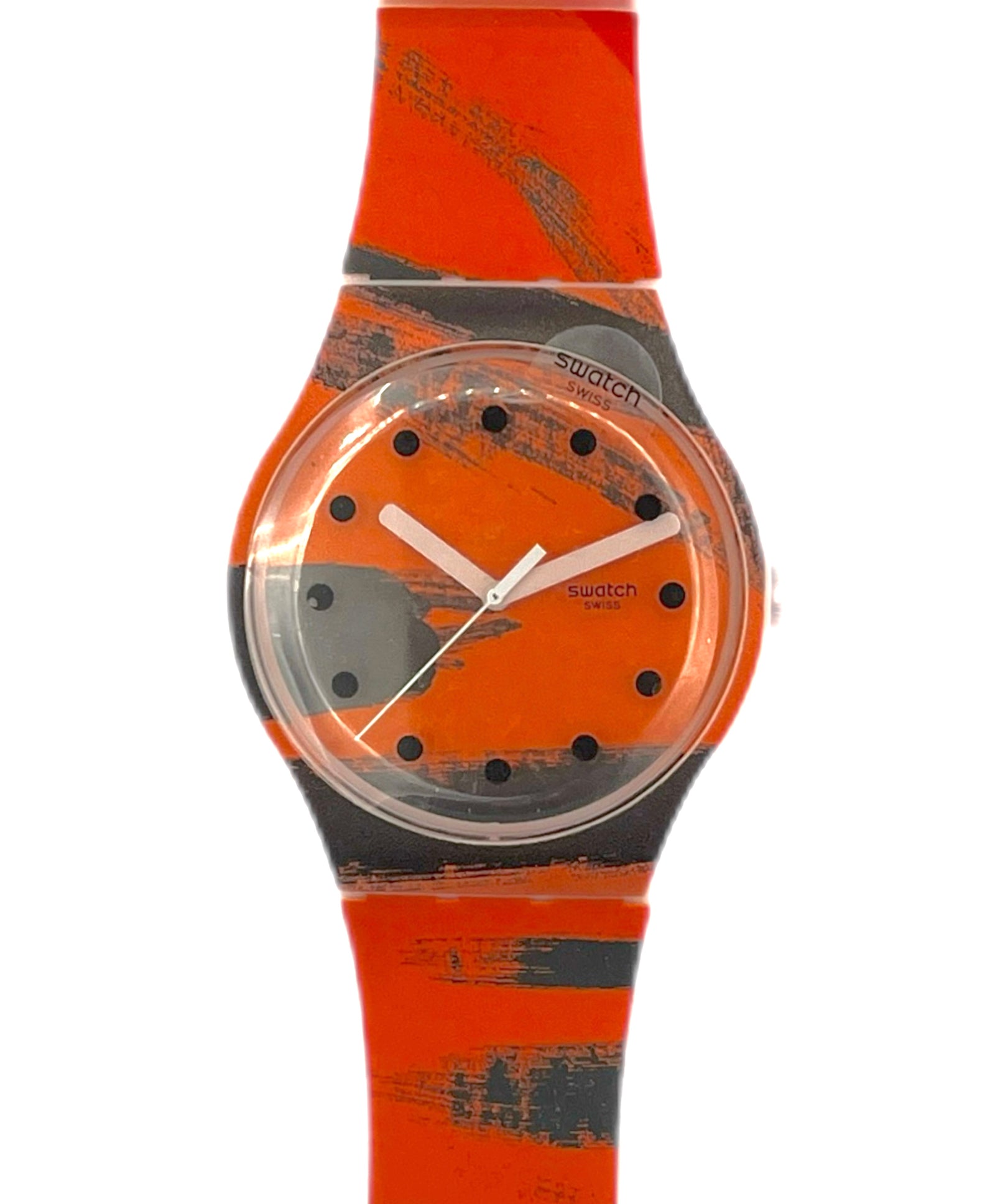 Orange and gray Swatch watch on a white background