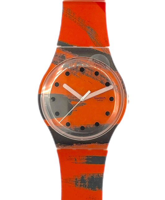 Orange and gray Swatch watch on a white background