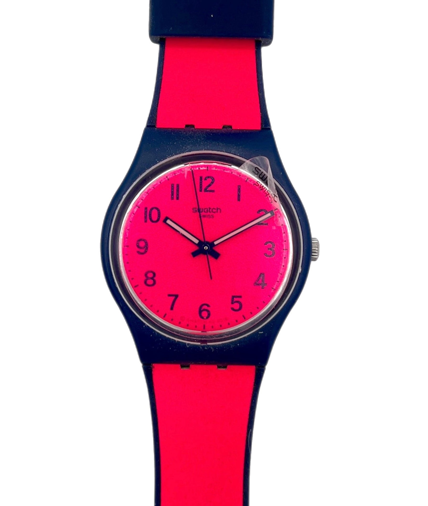 Wristwatch with red and blue strap on a white background