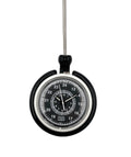 Black and silver pocket watch on a white background