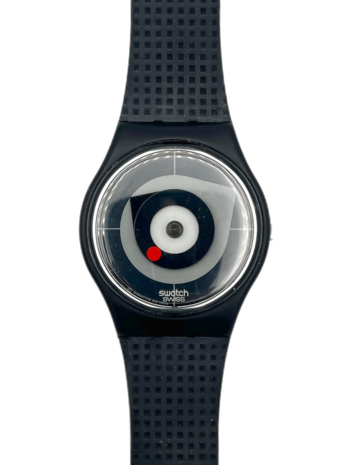 Black Swatch watch with a unique face design on a white background