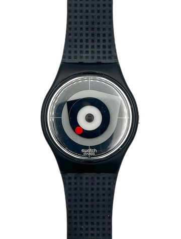 Black Swatch watch with a unique face design on a white background