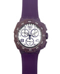 Watch with a purple strap and white face on a white background