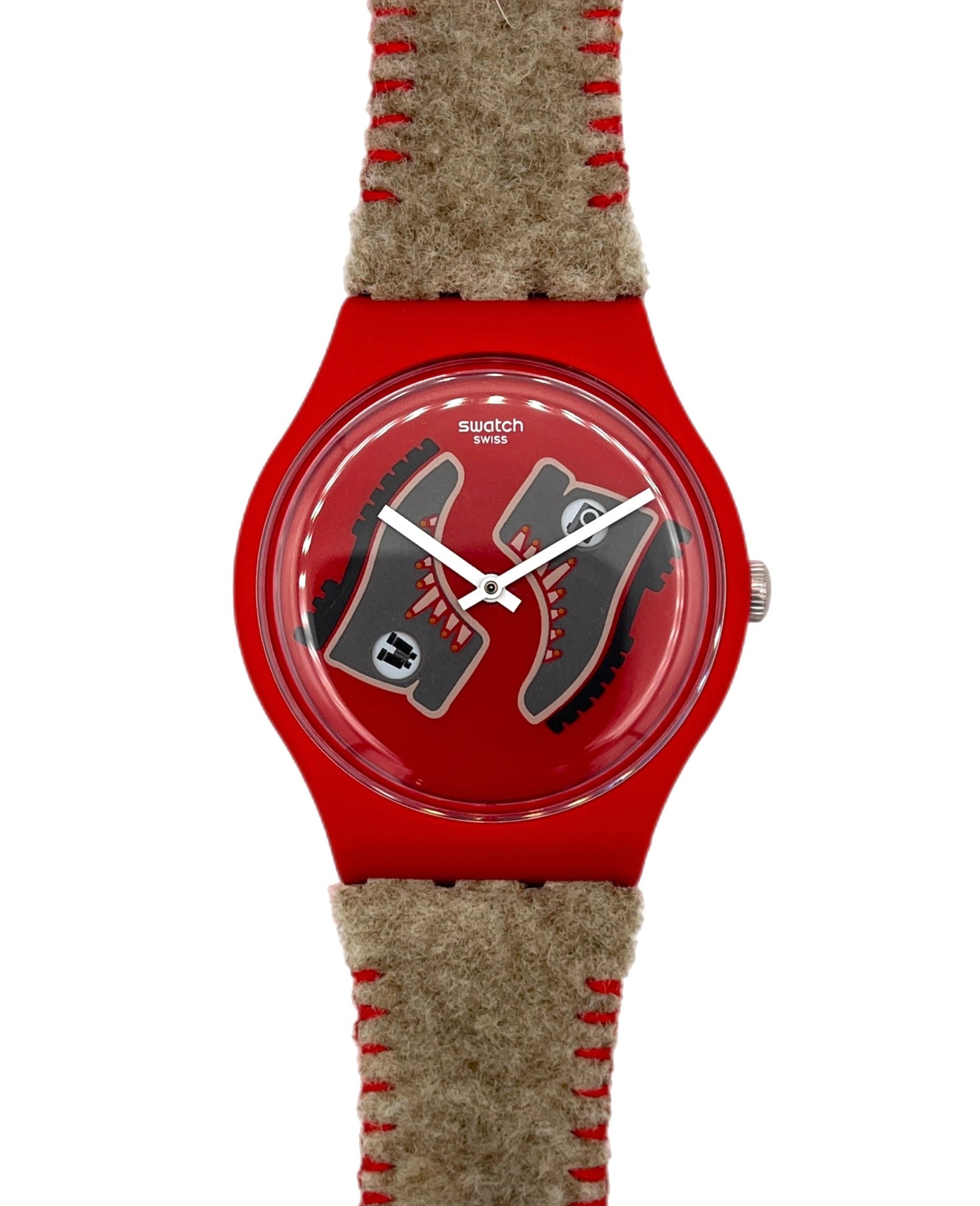 Red watch with a textured brown strap on a white background