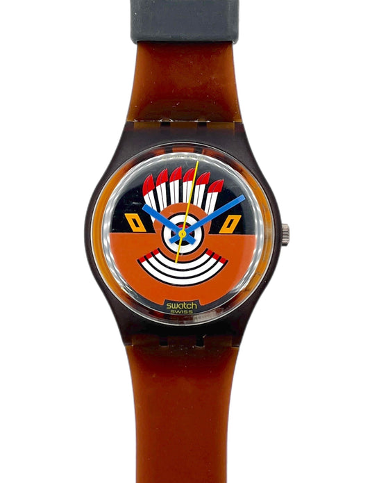 Watch with a brown strap and unique face design on a white background