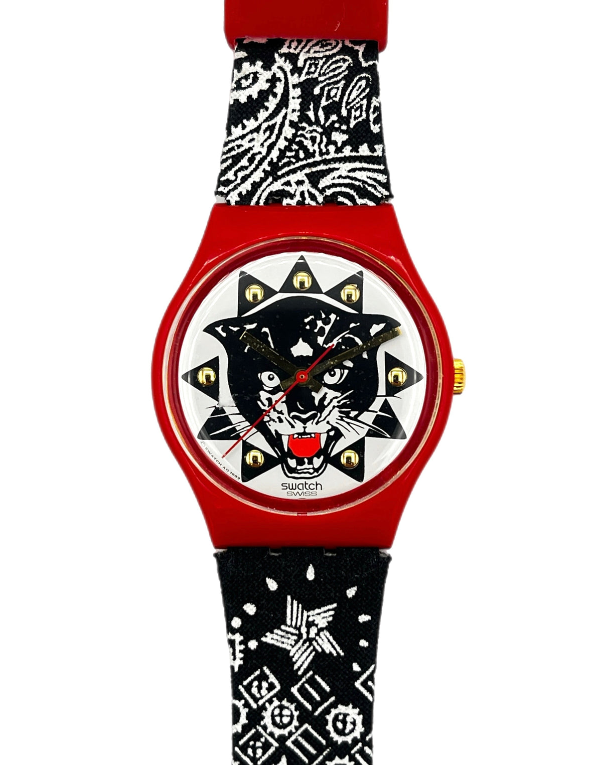 Watch with a red and black bandana-themed strap and a black panther design on the face.