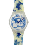 Swatch watch with blue and white cloud pattern on a white background