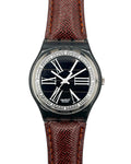 Swatch watch with black face and brown leather strap on a white background