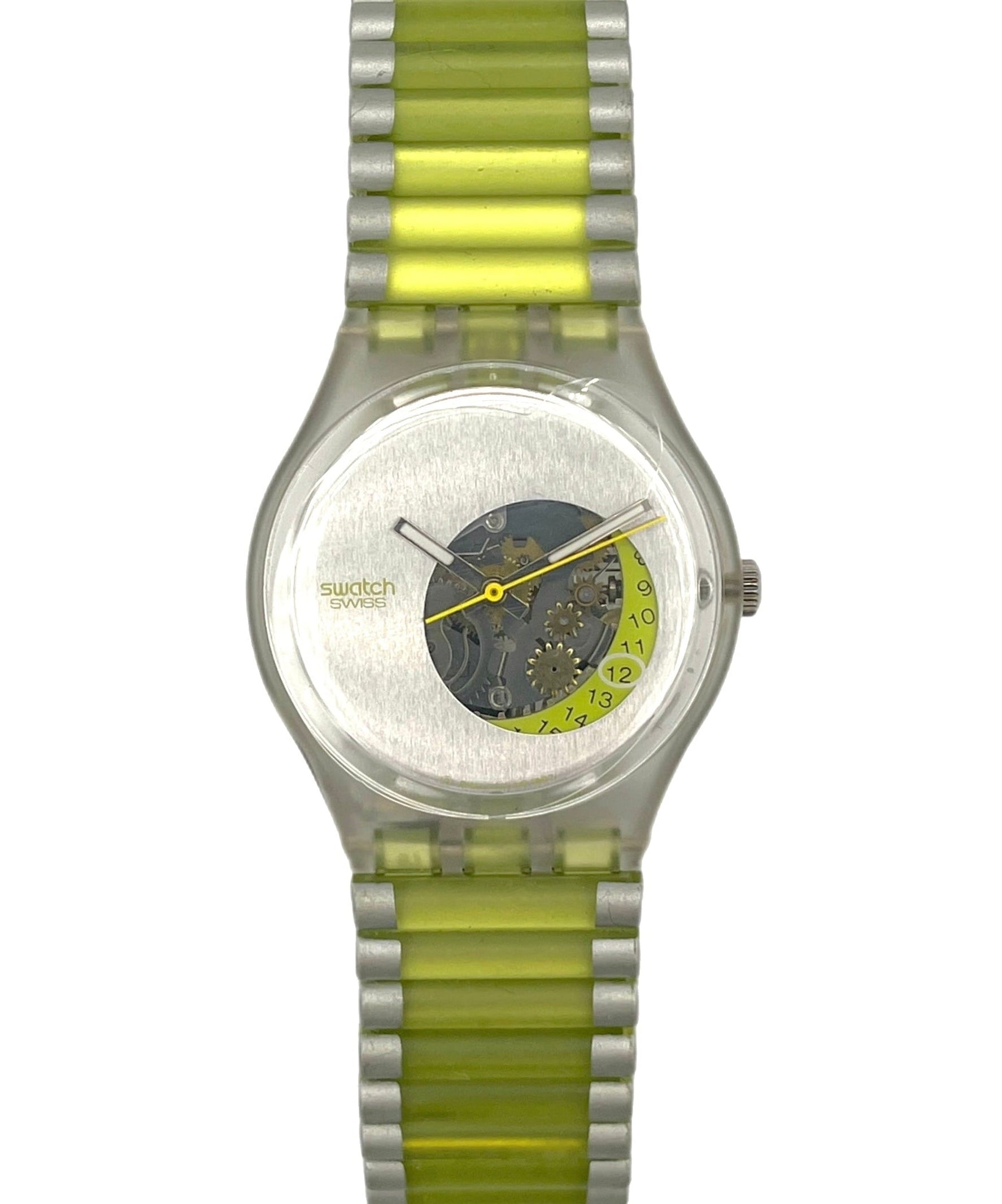 Watch with a green and silver band on a white background