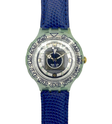 Watch with blue strap and silver case on a white background